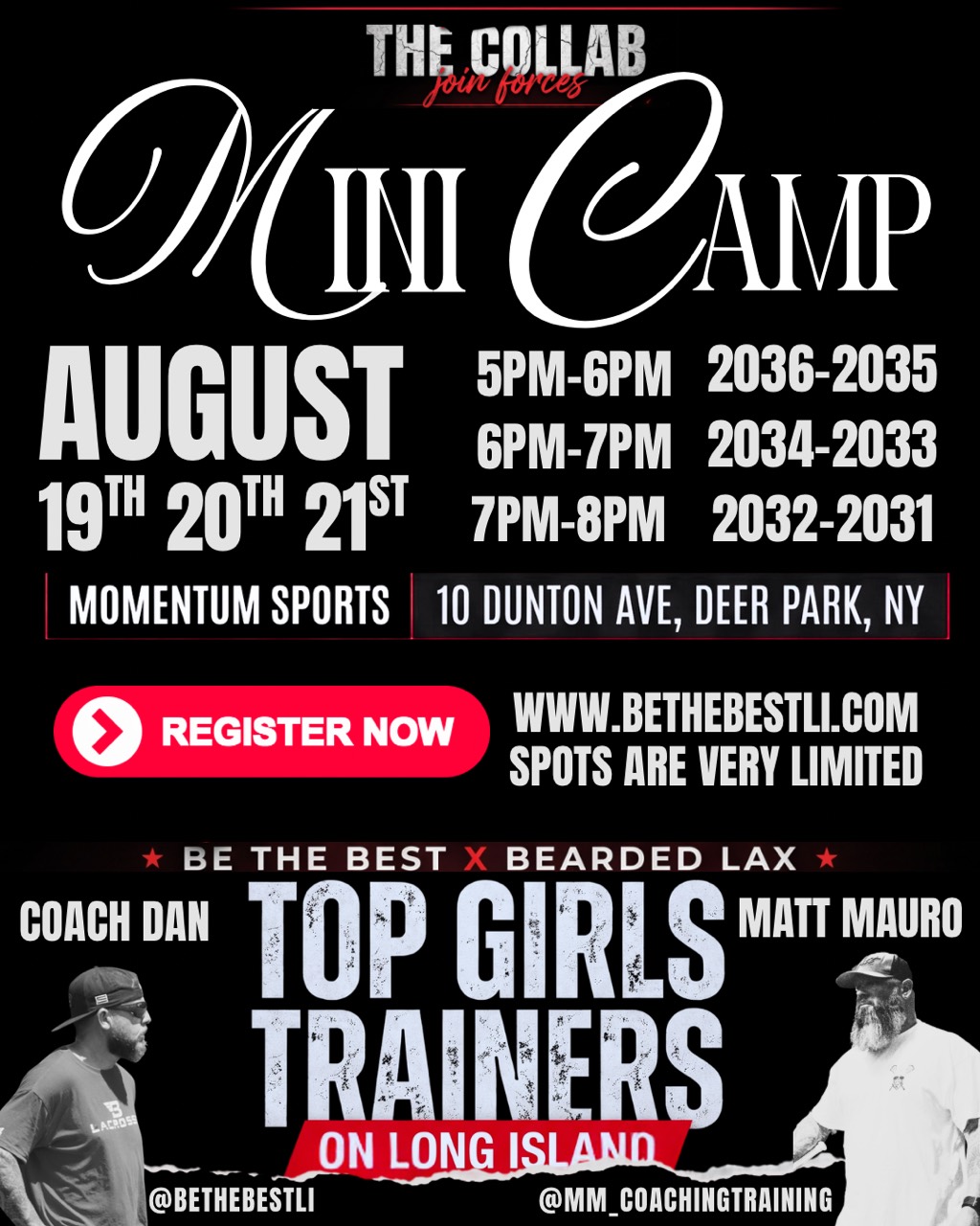 BTB and Bearded Lax Girls Mini Camp flyer for August 19 through 21, 2026 at Momentum Sports