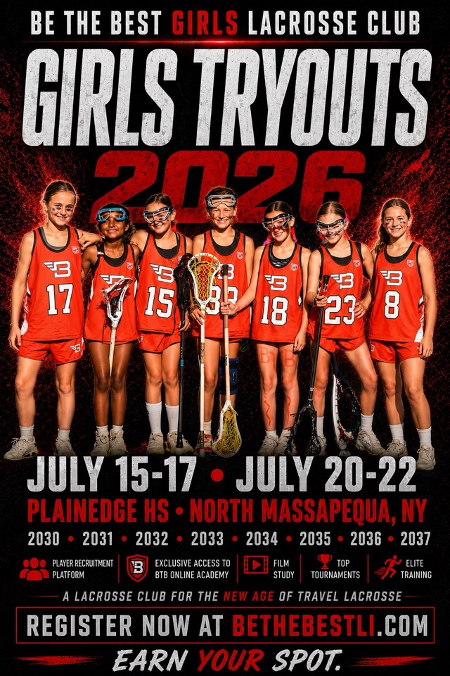 BTB girls 2026 tryout flyer for July 15-17 and July 20-22 at Plainedge High School